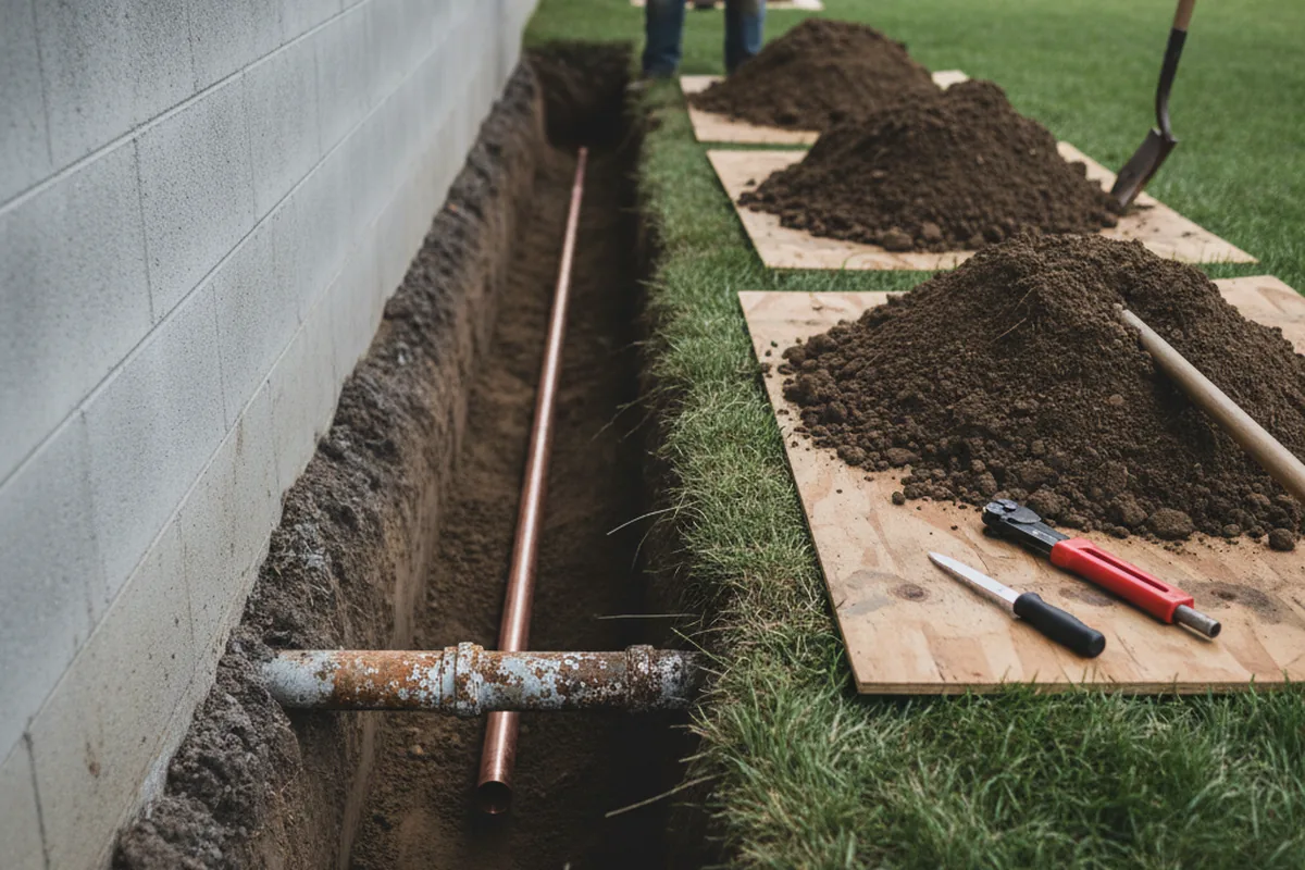 Excavated water line trench during Water Softener Installation in Minor Hill